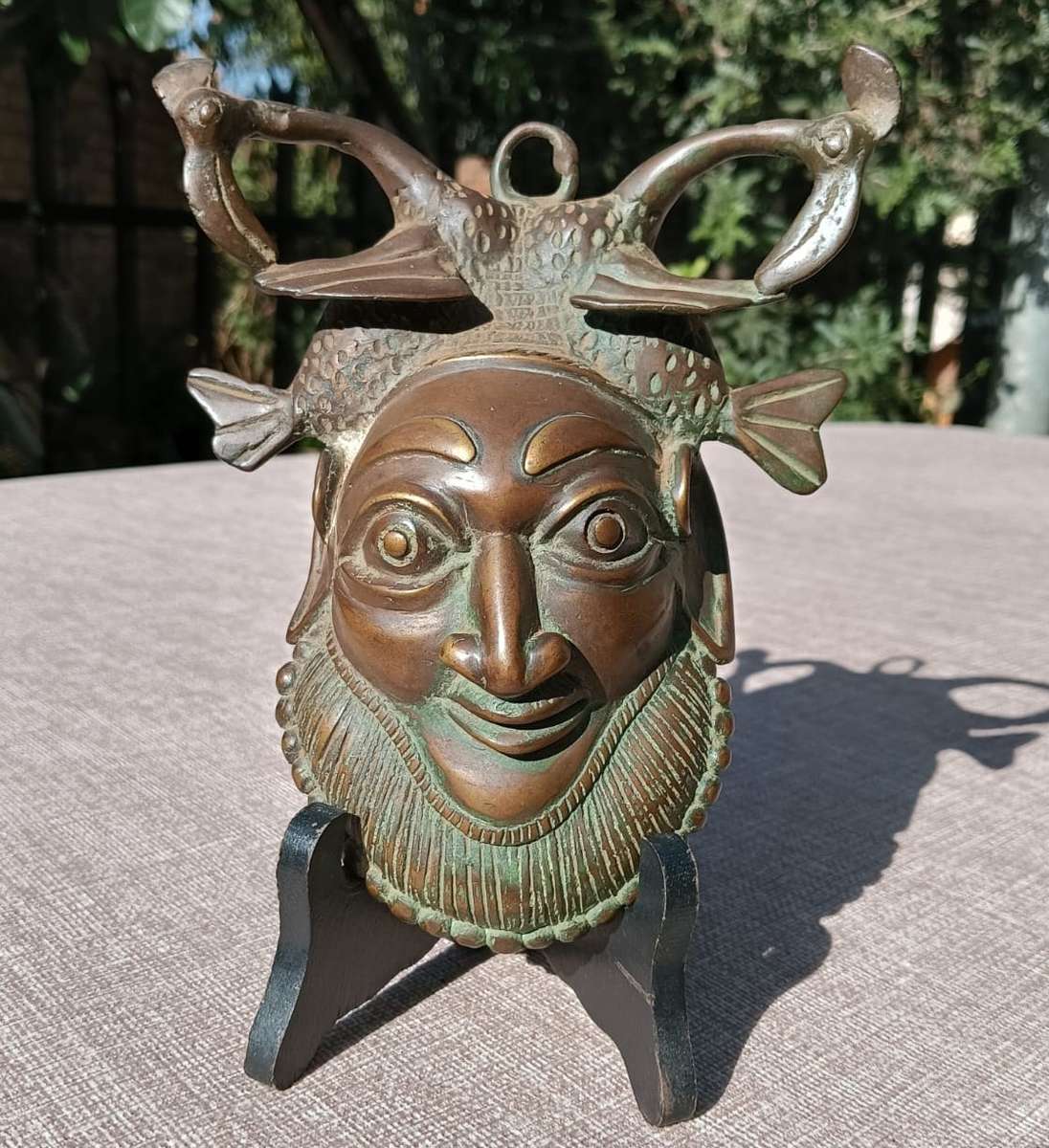 Antique Benin Bronze Hip Mask with Striking Bearded Face and Fish - Natural Patina Visible