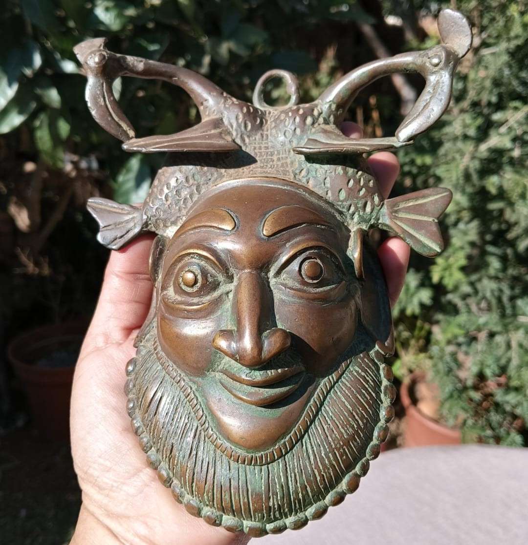 Antique Benin Bronze Hip Mask with Striking Bearded Face and Fish - Natural Patina Visible