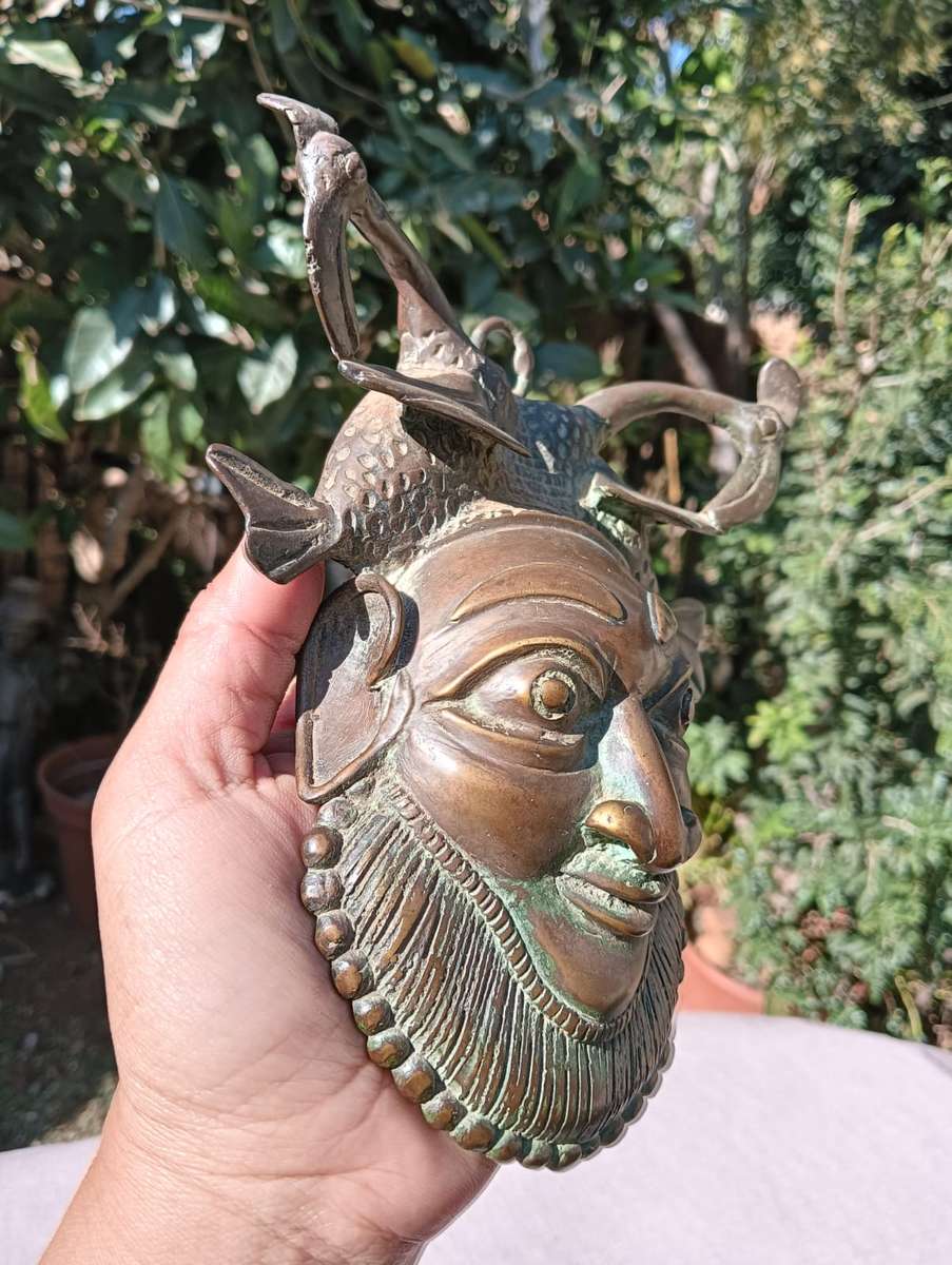 Antique Benin Bronze Hip Mask with Striking Bearded Face and Fish - Natural Patina Visible