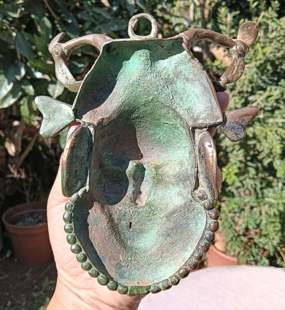 Antique Benin Bronze Hip Mask with Striking Bearded Face and Fish - Natural Patina Visible