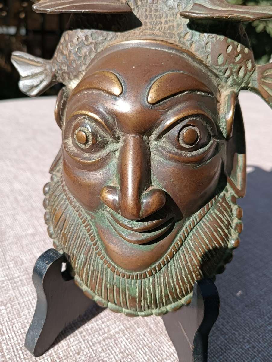 Antique Benin Bronze Hip Mask with Striking Bearded Face and Fish - Natural Patina Visible
