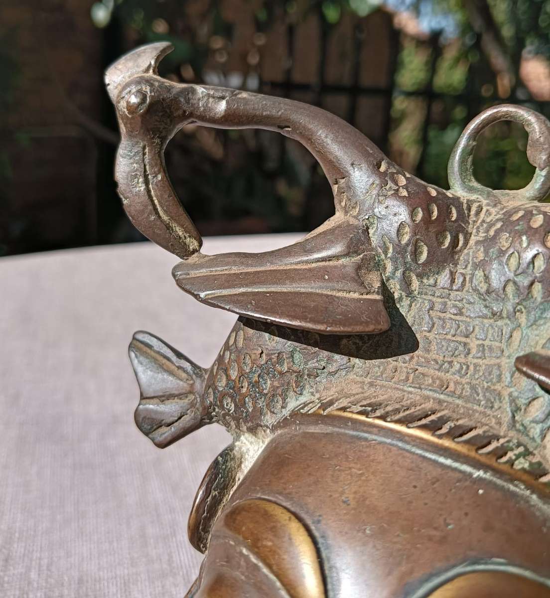 Antique Benin Bronze Hip Mask with Striking Bearded Face and Fish - Natural Patina Visible