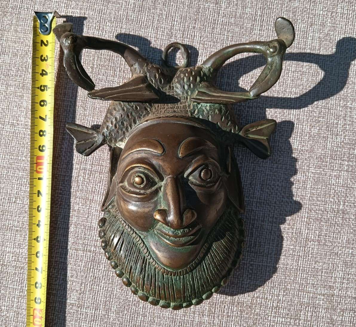 Antique Benin Bronze Hip Mask with Striking Bearded Face and Fish - Natural Patina Visible