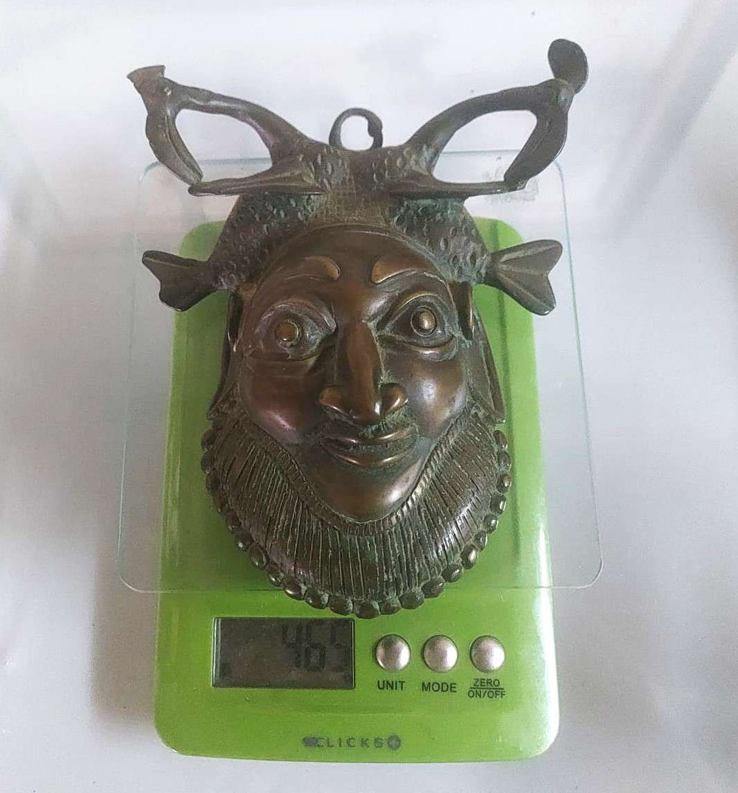 Antique Benin Bronze Hip Mask with Striking Bearded Face and Fish - Natural Patina Visible