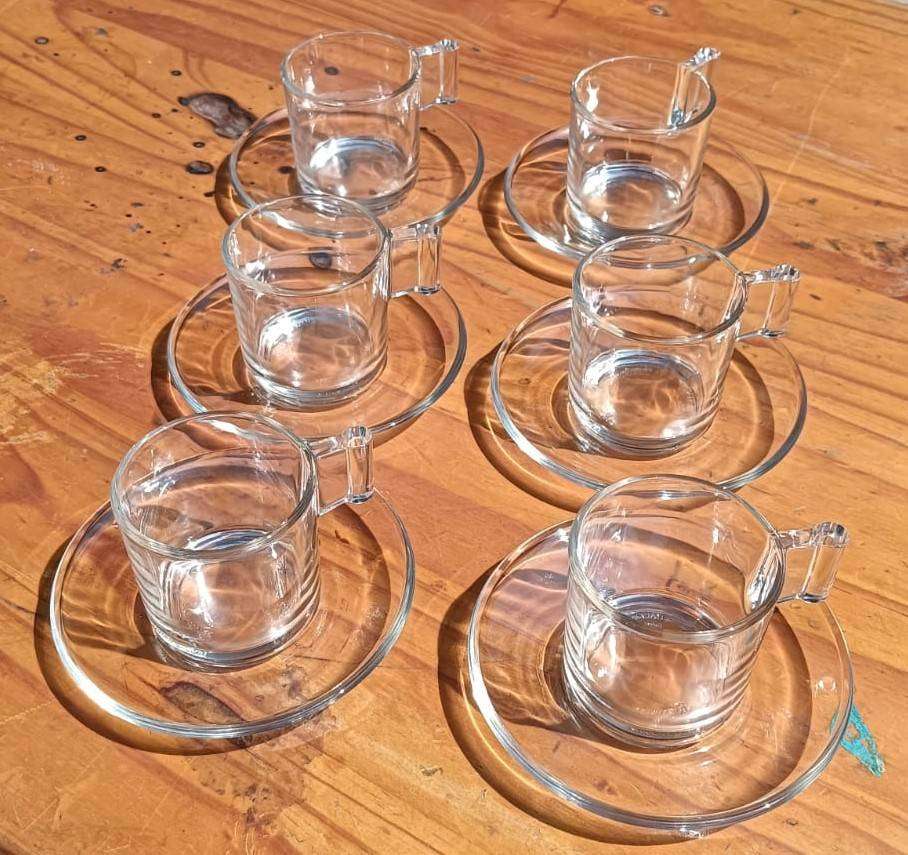 Boxed Set of 6 Vintage Vetreria Di Borgonovo Italian Clear Glass Espresso Cups and Saucers