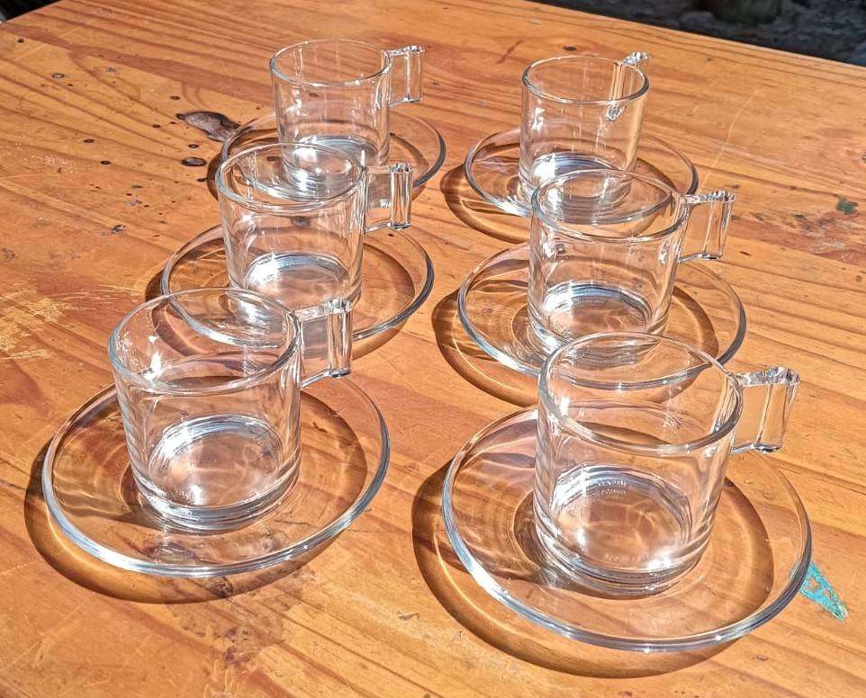 Boxed Set of 6 Vintage Vetreria Di Borgonovo Italian Clear Glass Espresso Cups and Saucers