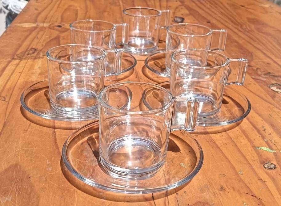 Boxed Set of 6 Vintage Vetreria Di Borgonovo Italian Clear Glass Espresso Cups and Saucers