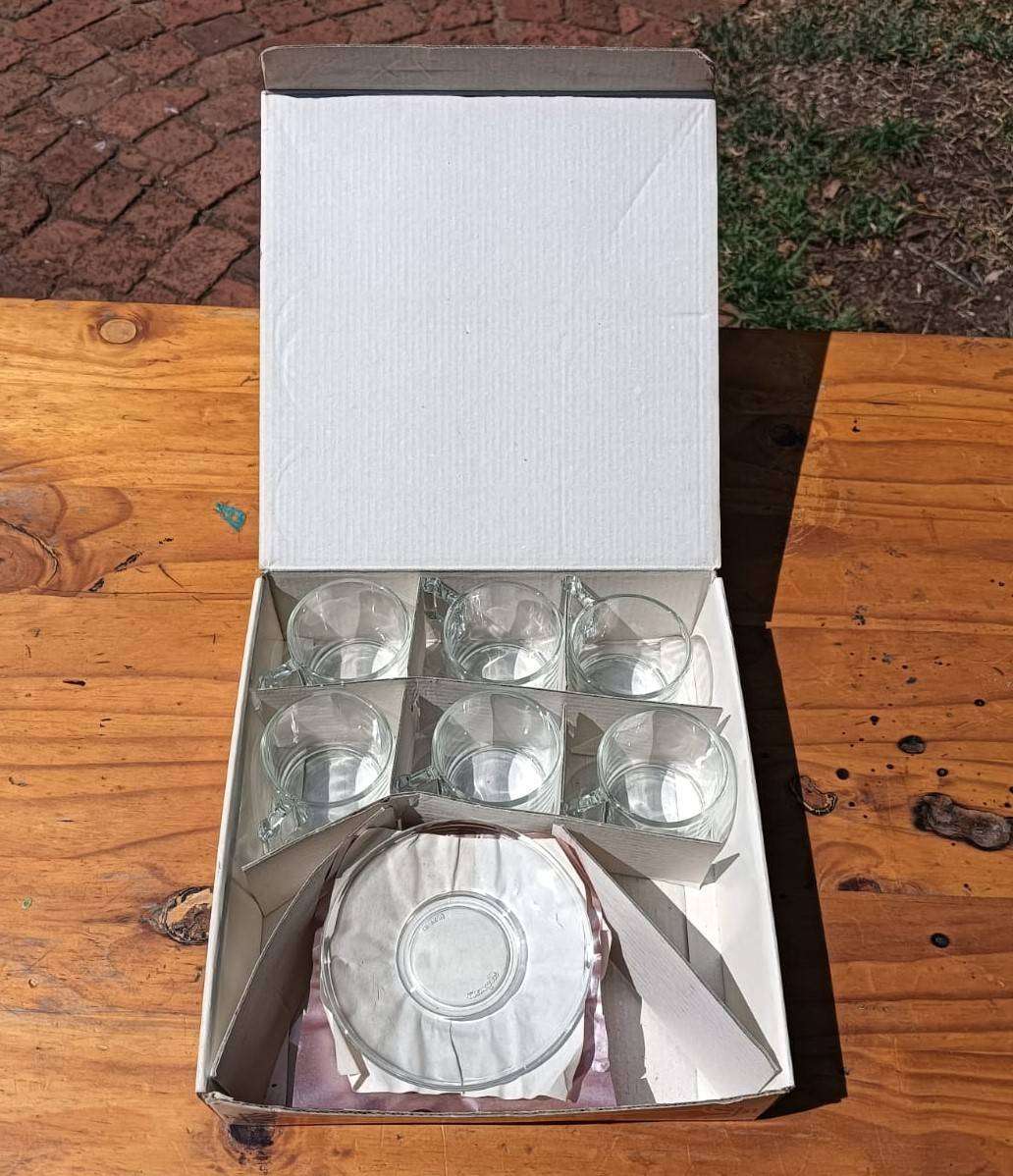 Boxed Set of 6 Vintage Vetreria Di Borgonovo Italian Clear Glass Espresso Cups and Saucers