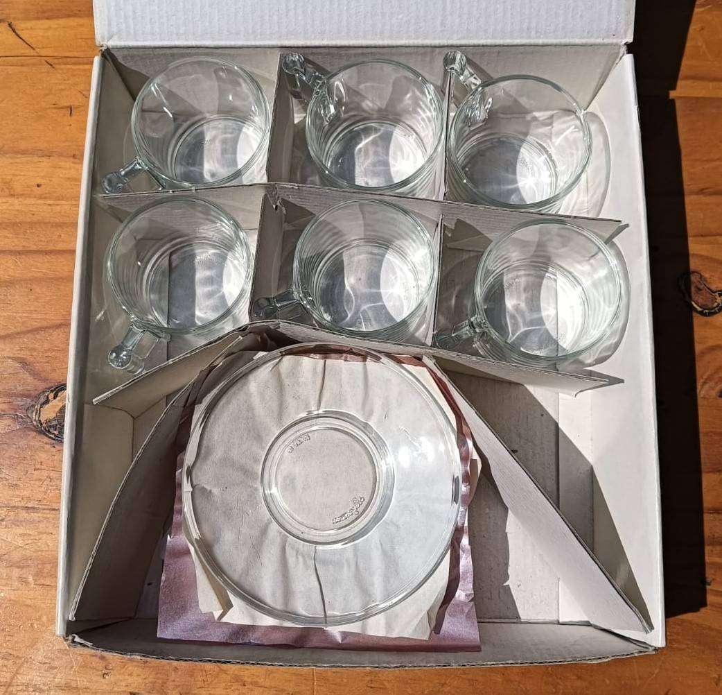Boxed Set of 6 Vintage Vetreria Di Borgonovo Italian Clear Glass Espresso Cups and Saucers