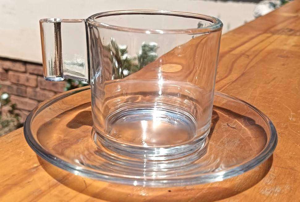 Boxed Set of 6 Vintage Vetreria Di Borgonovo Italian Clear Glass Espresso Cups and Saucers