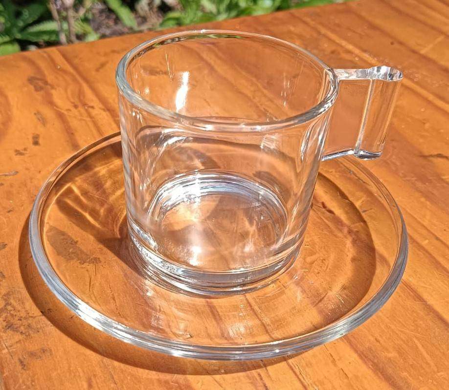 Boxed Set of 6 Vintage Vetreria Di Borgonovo Italian Clear Glass Espresso Cups and Saucers