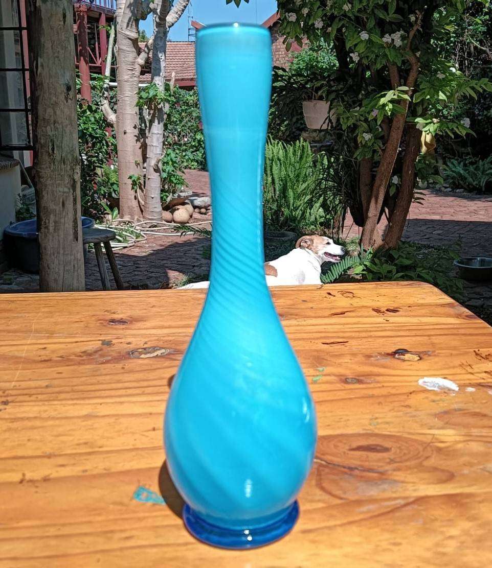 Vintage Blue Cased Art Glass Bud Vase with Swirling Pattern Hand Blown Pontil Mark Visible 23cm High