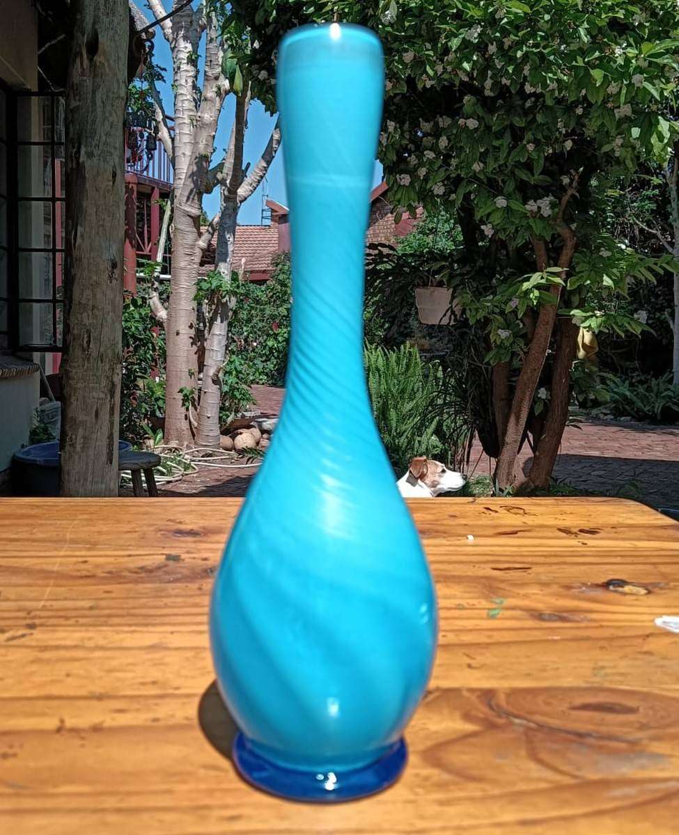 Vintage Blue Cased Art Glass Bud Vase with Swirling Pattern Hand Blown Pontil Mark Visible 23cm High