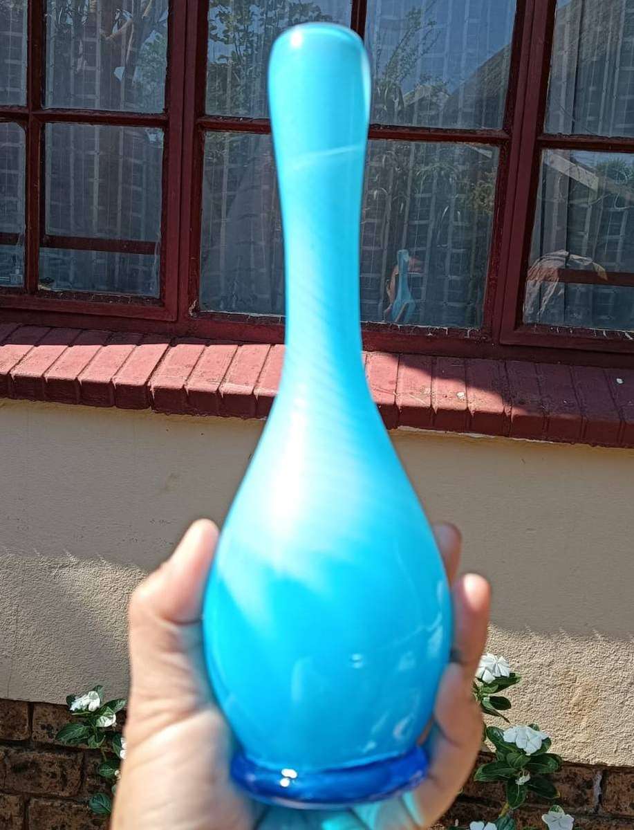 Vintage Blue Cased Art Glass Bud Vase with Swirling Pattern Hand Blown Pontil Mark Visible 23cm High