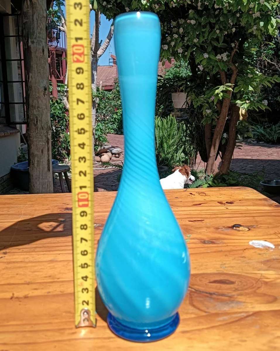 Vintage Blue Cased Art Glass Bud Vase with Swirling Pattern Hand Blown Pontil Mark Visible 23cm High