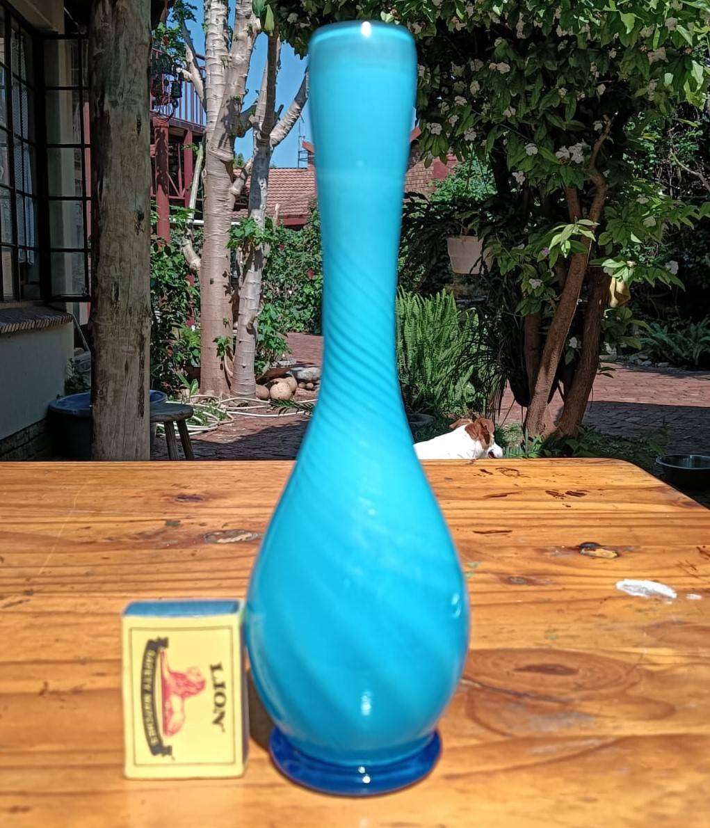 Vintage Blue Cased Art Glass Bud Vase with Swirling Pattern Hand Blown Pontil Mark Visible 23cm High