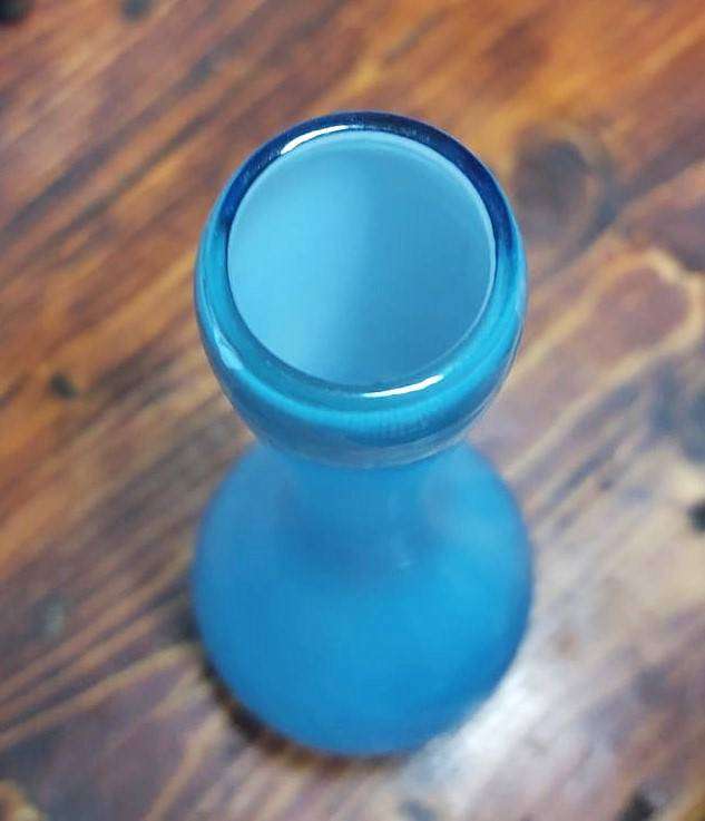 Vintage Blue Cased Art Glass Bud Vase with Swirling Pattern Hand Blown Pontil Mark Visible 23cm High