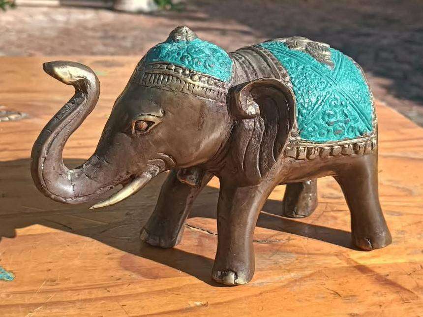 Brass Elephant with Turquoise Saddle Blanket has its Trunk Raised in a Curly Arch  Brass Tusks!