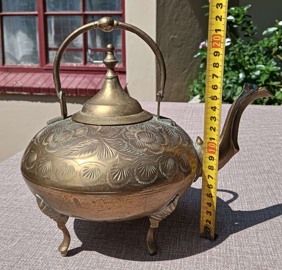 Brass Engraved Footed Teapot with Handle  Vintage - Good Condition