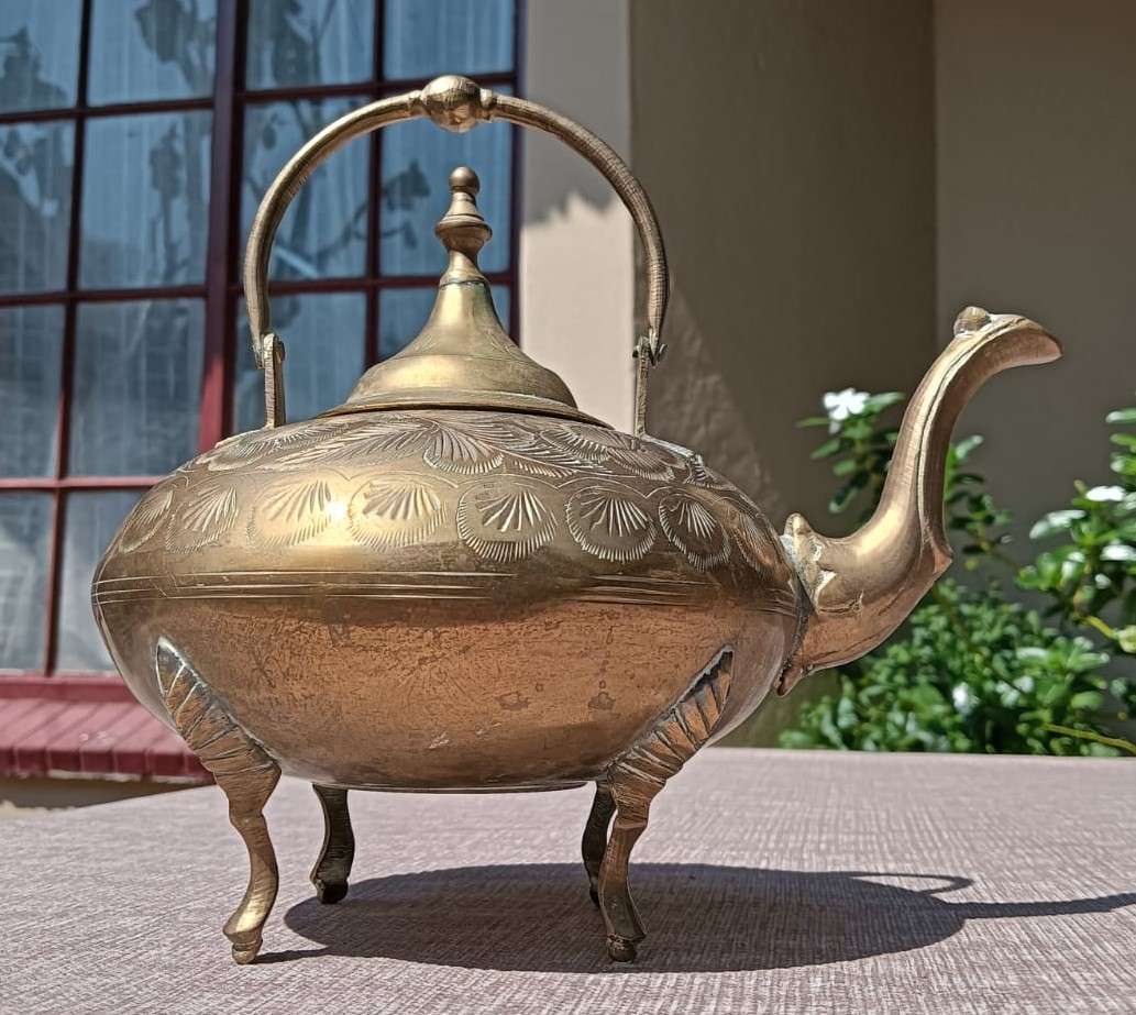 Brass Engraved Footed Teapot with Handle  Vintage - Good Condition