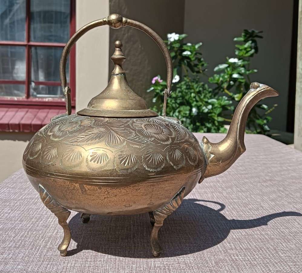 Brass Engraved Footed Teapot with Handle  Vintage - Good Condition