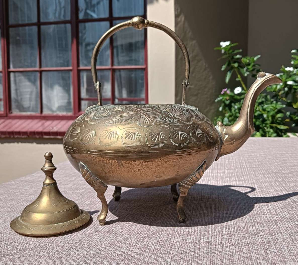 Brass Engraved Footed Teapot with Handle  Vintage - Good Condition