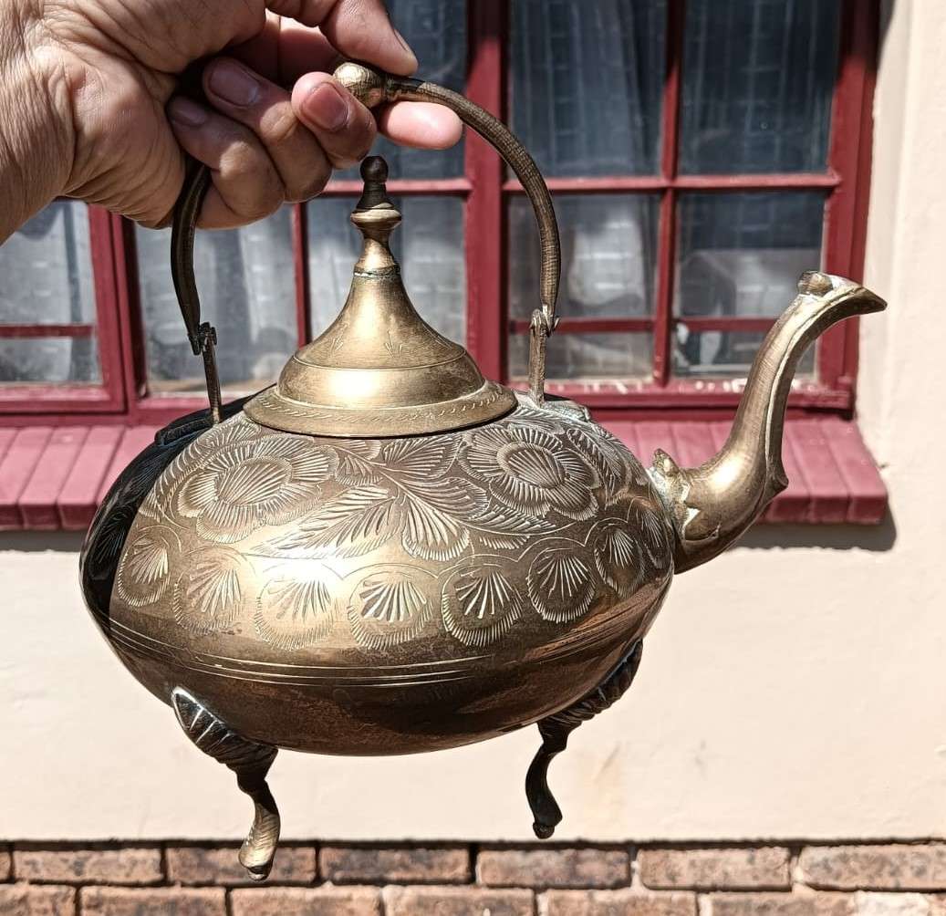 Brass Engraved Footed Teapot with Handle  Vintage - Good Condition