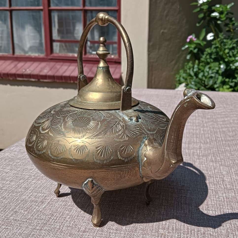 Brass Engraved Footed Teapot with Handle  Vintage - Good Condition