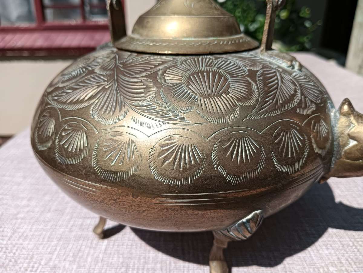Brass Engraved Footed Teapot with Handle  Vintage - Good Condition