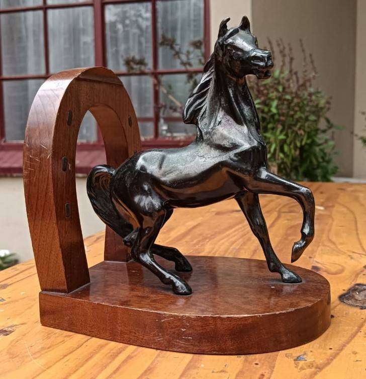 Realistic Brass Horse Sculpture Wooden Horseshoe Bookend