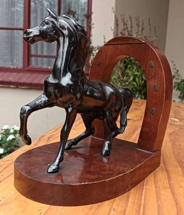 Realistic Brass Horse Sculpture Wooden Horseshoe Bookend