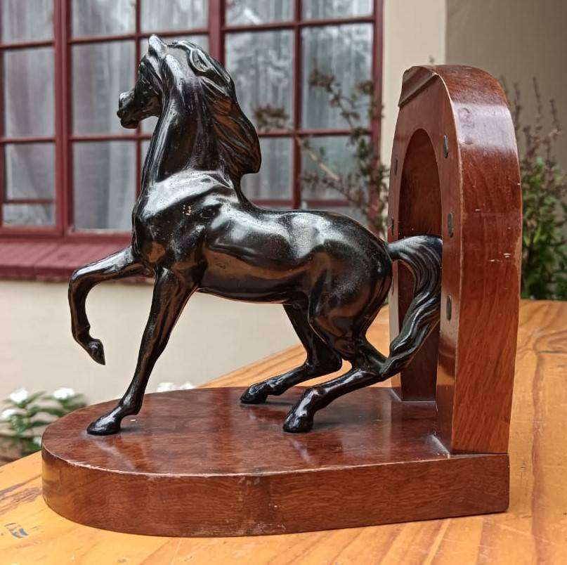 Realistic Brass Horse Sculpture Wooden Horseshoe Bookend