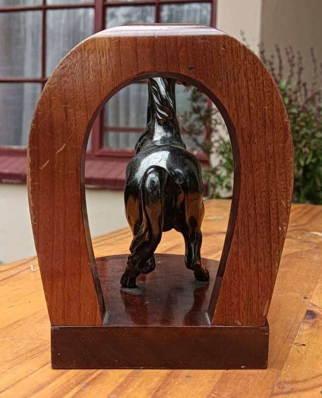 Realistic Brass Horse Sculpture Wooden Horseshoe Bookend