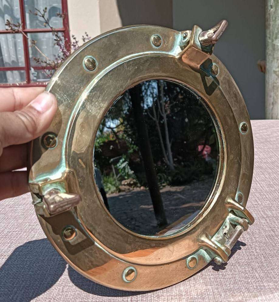 Nautical Brass Round Ships Porthole Shaped Wall Mirror - With Clamps to Open and Close