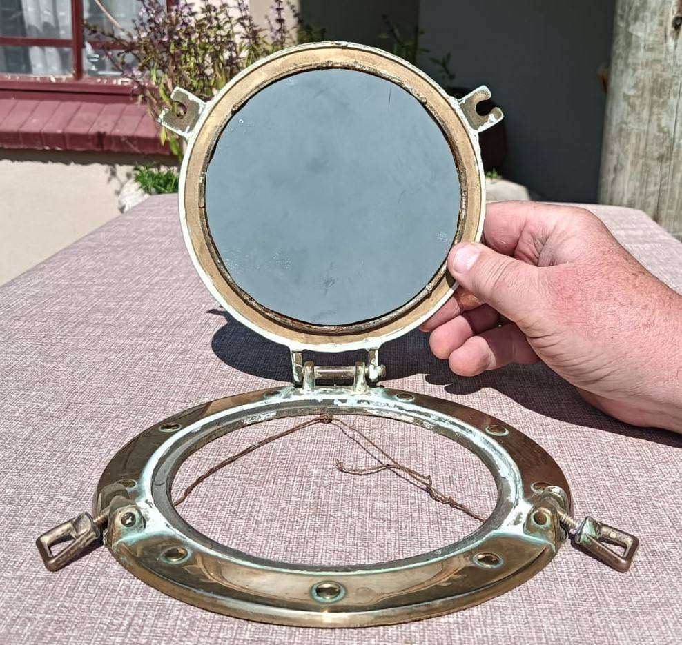 Nautical Brass Round Ships Porthole Shaped Wall Mirror - With Clamps to Open and Close