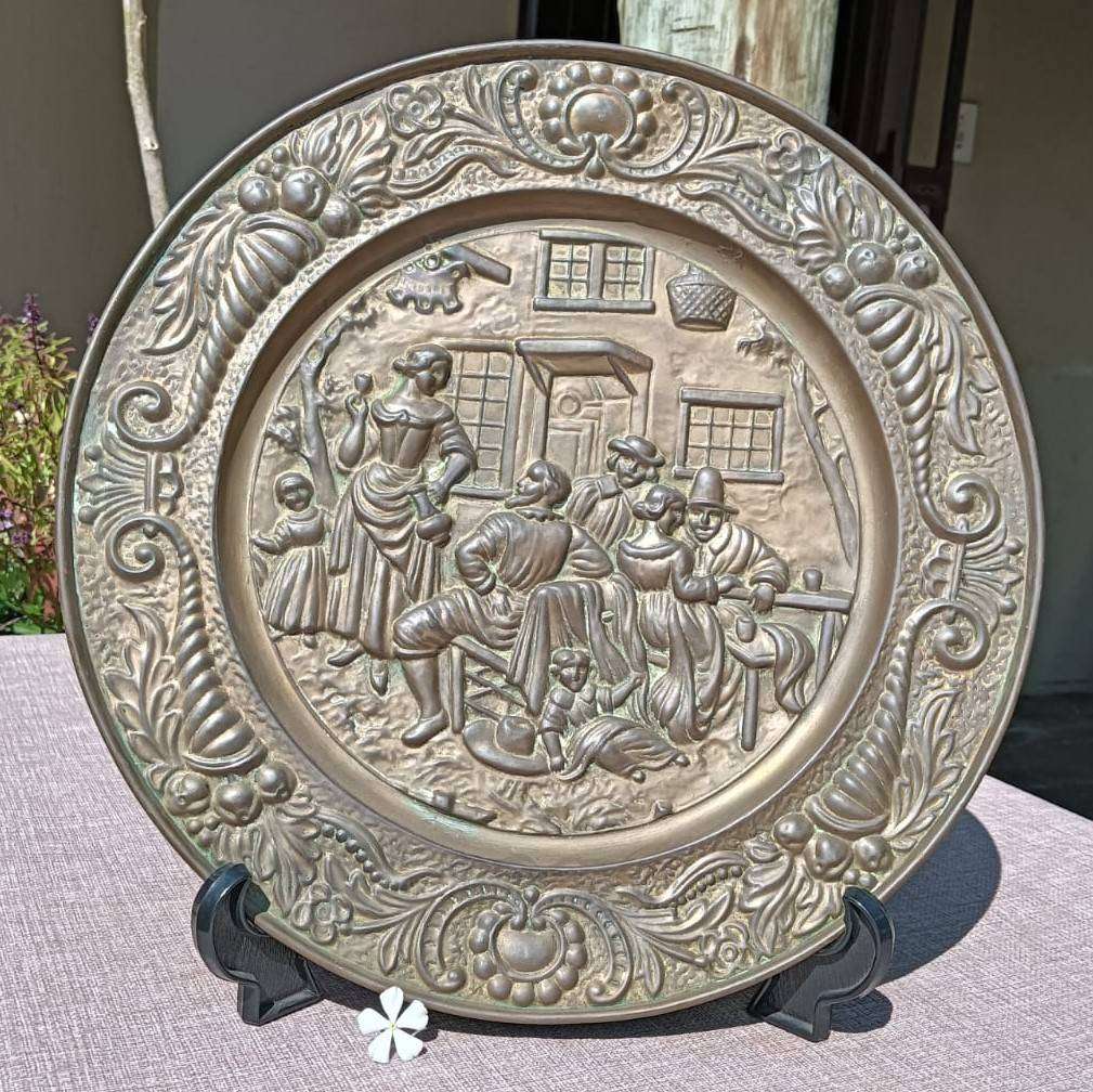 English Tavern Scene Brass Wall Plate Hand Hammered From Reverse Side 1950s Peerage England Plate 1