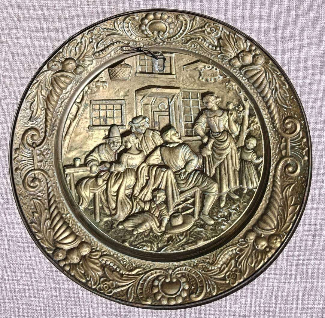 English Tavern Scene Brass Wall Plate Hand Hammered From Reverse Side 1950s Peerage England Plate 1