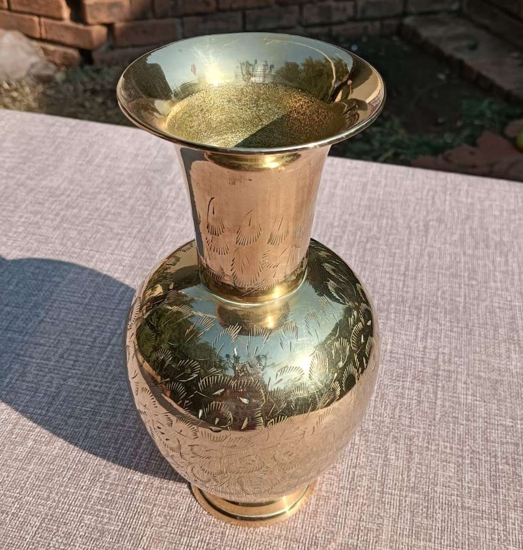 Beautiful Brass Vase with Engraved Floral Design 22cm High