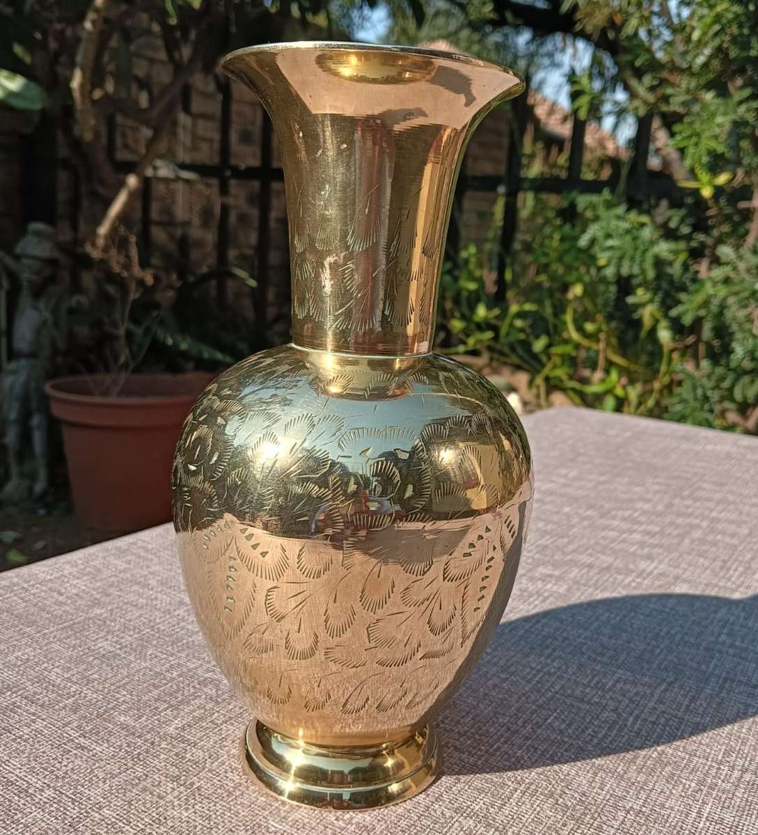 Beautiful Brass Vase with Engraved Floral Design 22cm High