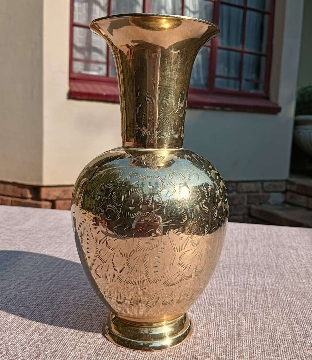 Beautiful Brass Vase with Engraved Floral Design 22cm High