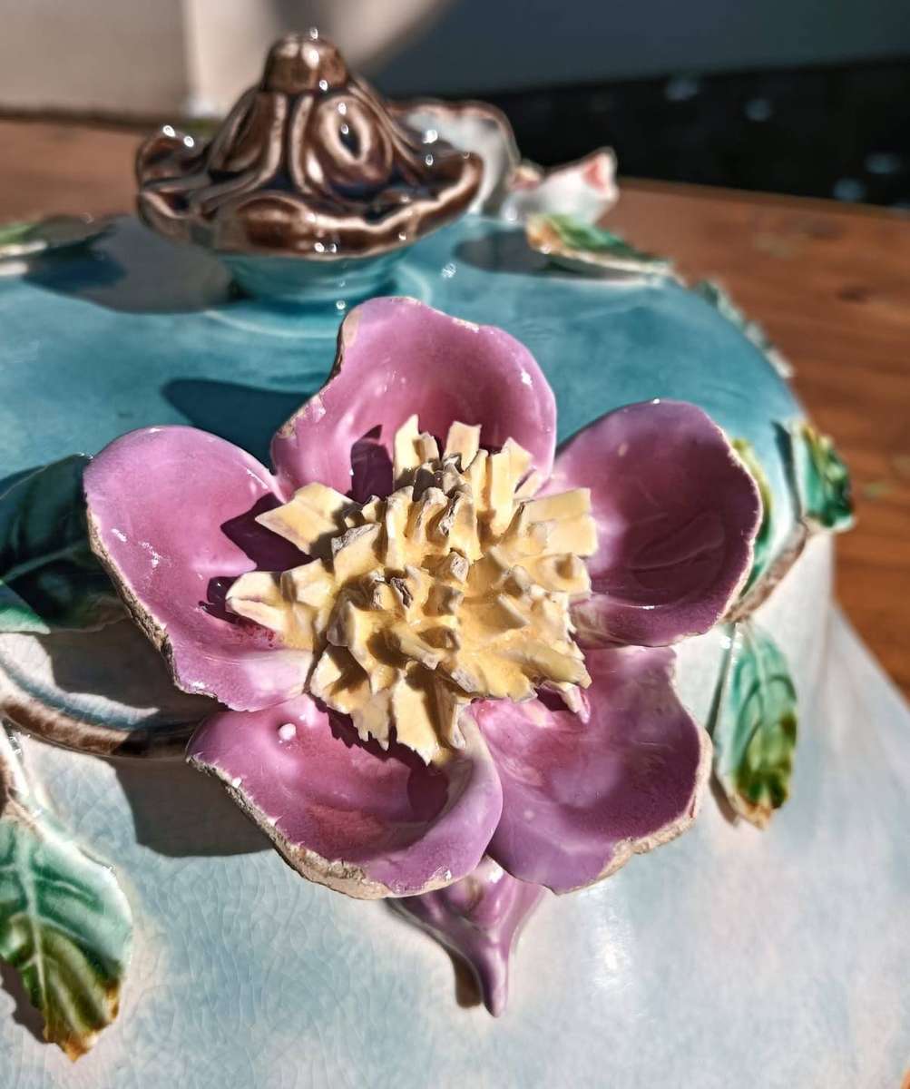 Vintage Glazed Ceramic Planter or Bird Bath with Capodimonte Style Floral Relief Design
