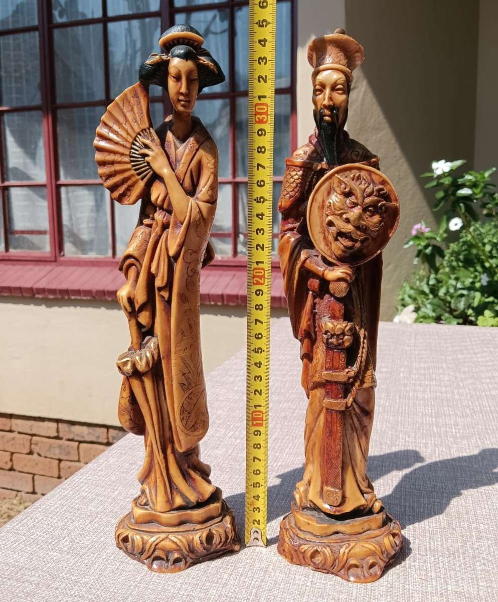 Beautiful Pair of Japanese Resin Figurines  A Warrior Samurai with Sword and Noble Lady with Fan