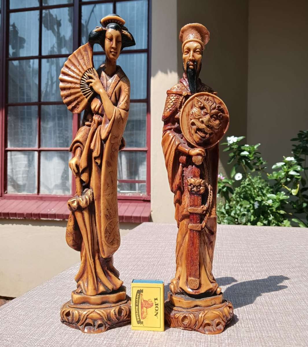 Beautiful Pair of Japanese Resin Figurines  A Warrior Samurai with Sword and Noble Lady with Fan