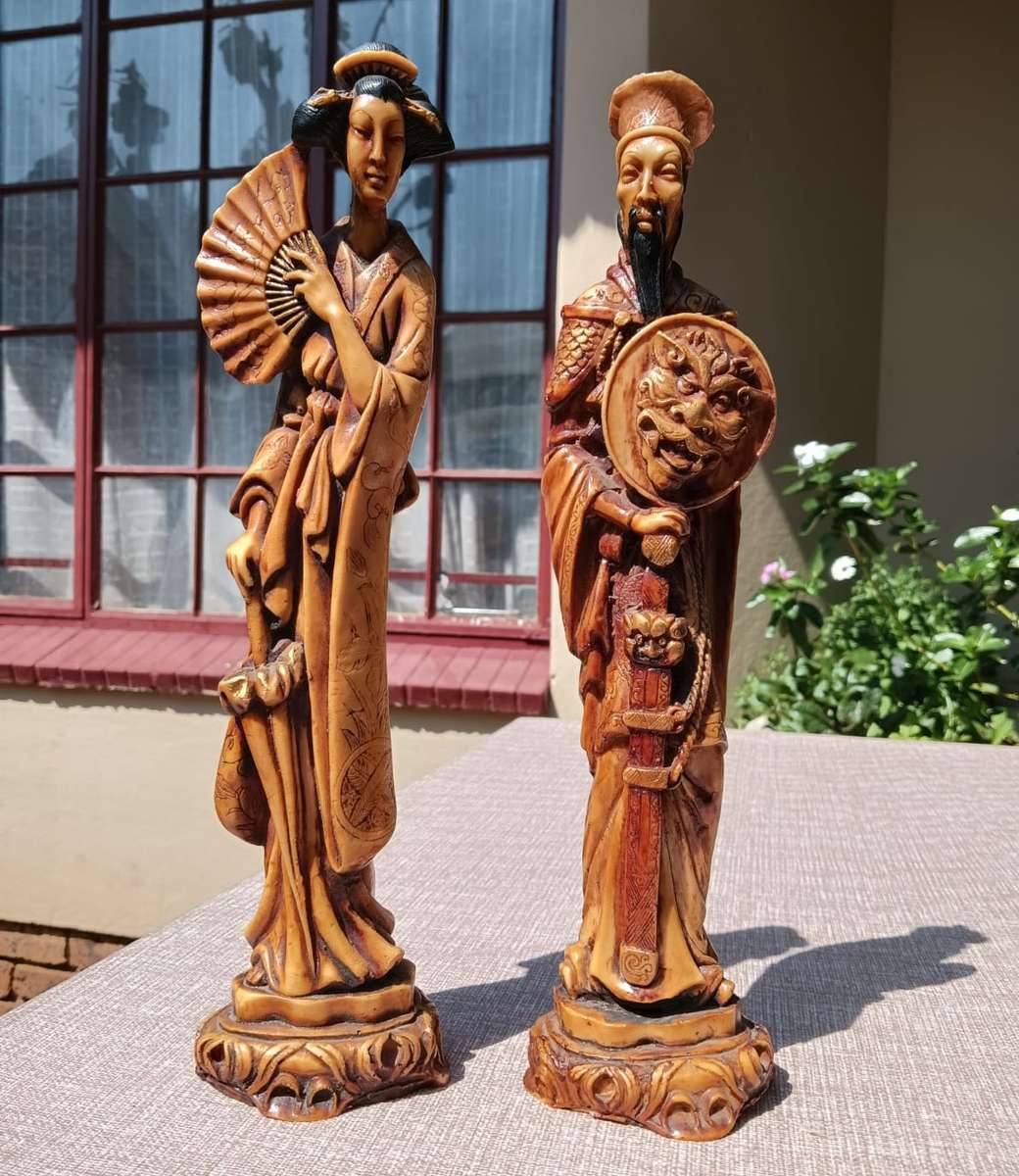 Beautiful Pair of Japanese Resin Figurines  A Warrior Samurai with Sword and Noble Lady with Fan