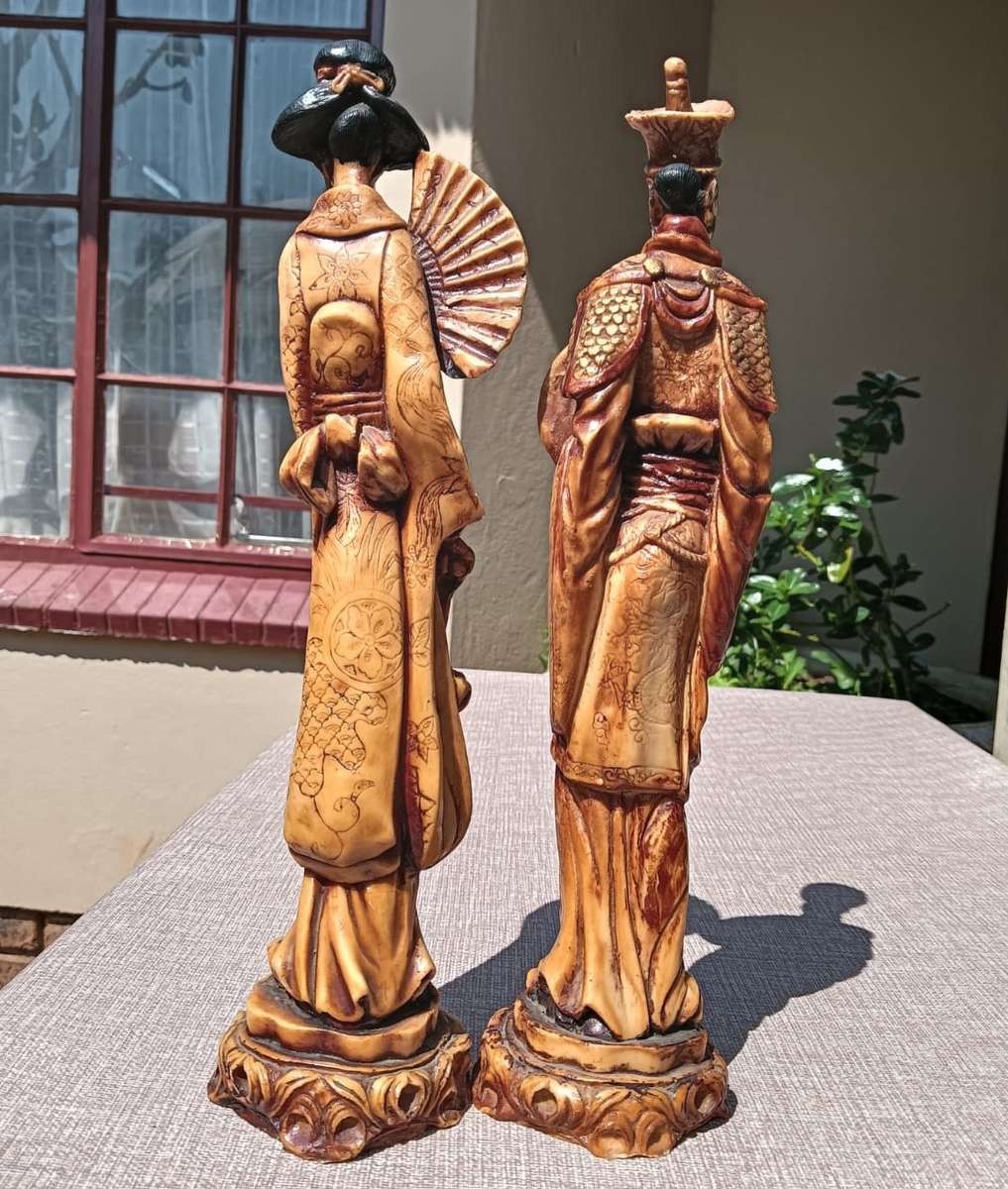 Beautiful Pair of Japanese Resin Figurines  A Warrior Samurai with Sword and Noble Lady with Fan