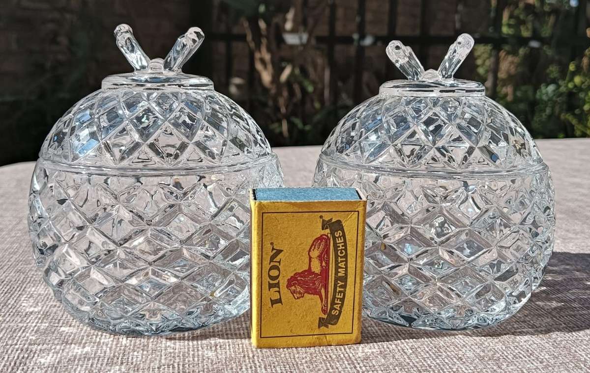 Two Pine Apple Shaped Grande Chef Cut Glass Lidded Dishes