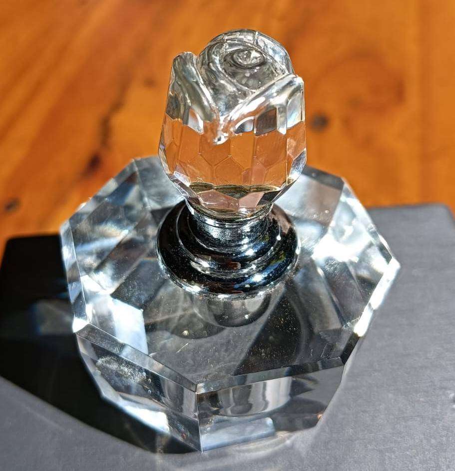 Octagonal Chrystal Perfume Bottle with Budding Rose Shaped Stopper