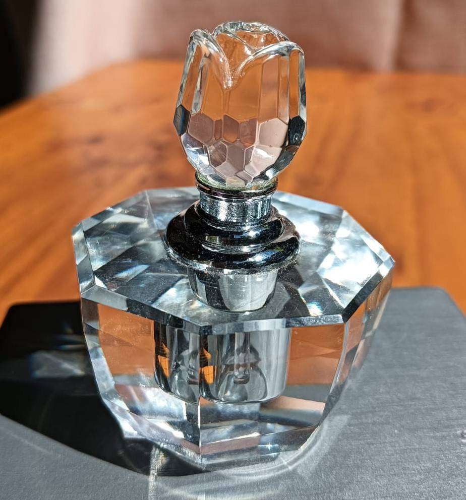Octagonal Chrystal Perfume Bottle with Budding Rose Shaped Stopper