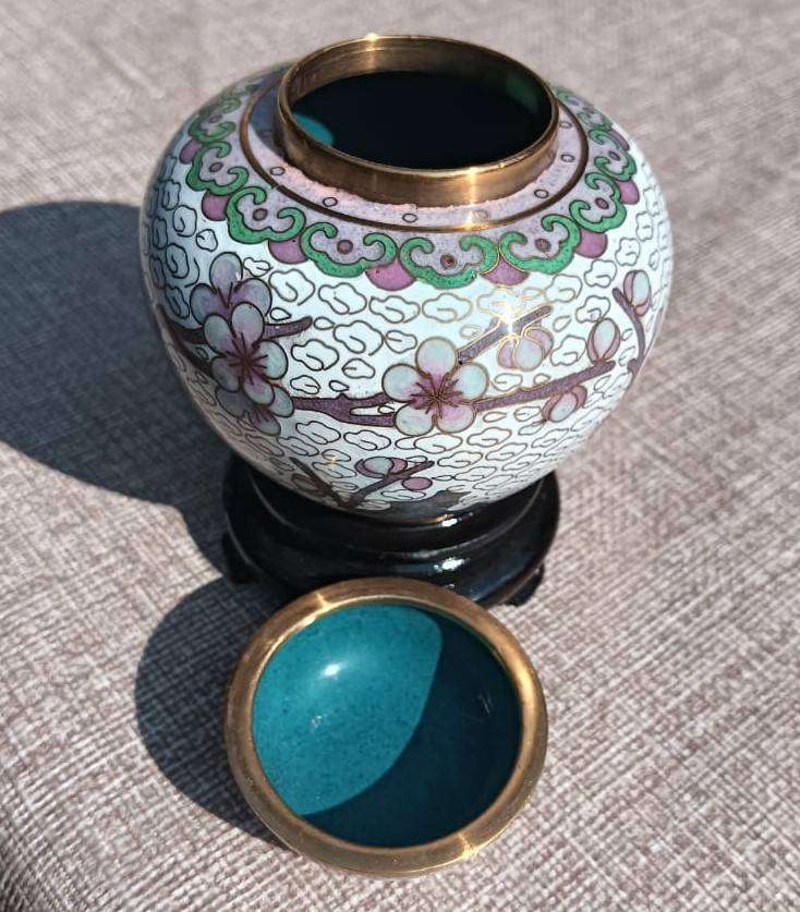 Vintage Chinese Cloisonne on Brass Mini Ginger Jar with Gold Clouds and Cherry Blossoms with Stand