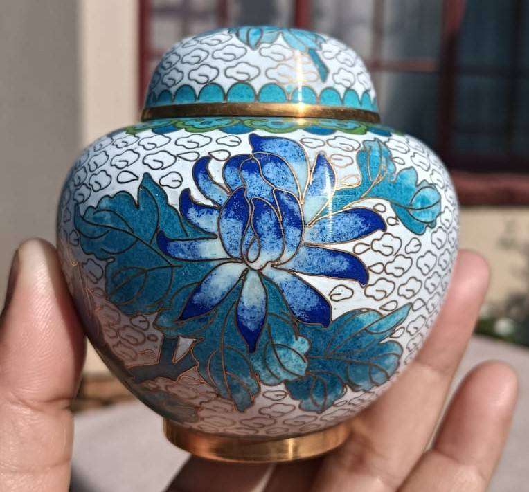 Vintage Chinese Cloisonne on Brass Mini Ginger Jar with Gold Clouds and Lotus Flowers With Stand